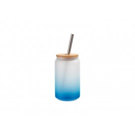 13oz/400ml  Glass Mugs Gradient Light Blue with Bamboo Lid & SS Straw(10/pack)